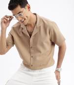 men's cuban collar solid relaxed fit khaki shirt