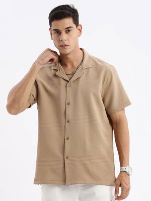 men's cuban collar solid relaxed fit khaki shirt 2