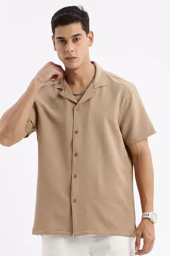 men's cuban collar solid relaxed fit khaki shirt