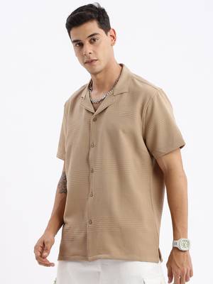 men's cuban collar solid relaxed fit khaki shirt 3