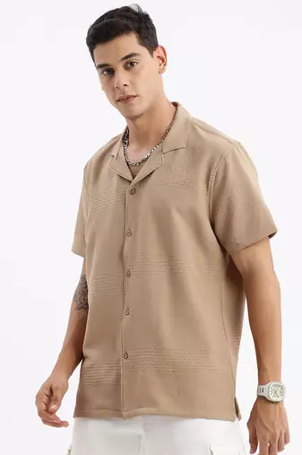 men's cuban collar solid relaxed fit khaki shirt