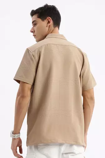 men's cuban collar solid relaxed fit khaki shirt