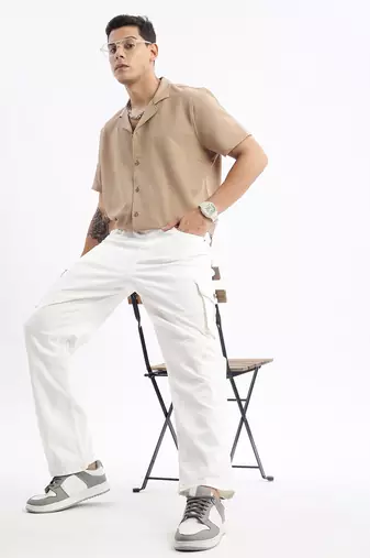 men's cuban collar solid relaxed fit khaki shirt