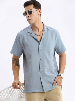 men's cuban collar solid relaxed fit blue shirt 1