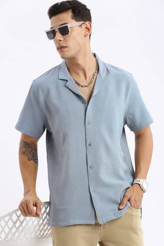 men's cuban collar solid relaxed fit blue shirt
