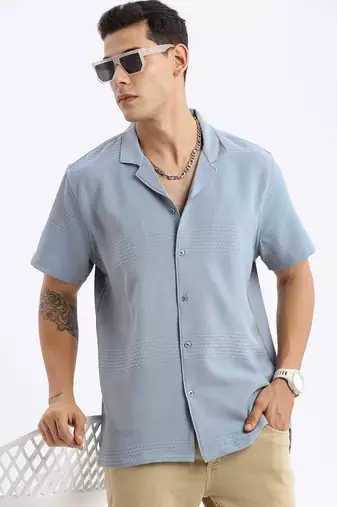 men's cuban collar solid relaxed fit blue shirt