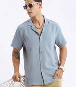 men's cuban collar solid relaxed fit blue shirt