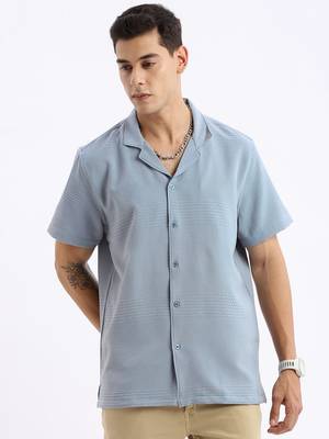men's cuban collar solid relaxed fit blue shirt 2