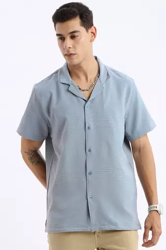 men's cuban collar solid relaxed fit blue shirt