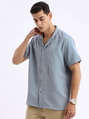 men's cuban collar solid relaxed fit blue shirt 3