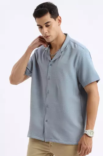 men's cuban collar solid relaxed fit blue shirt