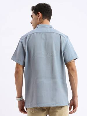 men's cuban collar solid relaxed fit blue shirt 4