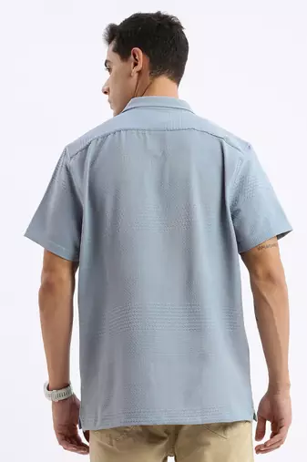 men's cuban collar solid relaxed fit blue shirt
