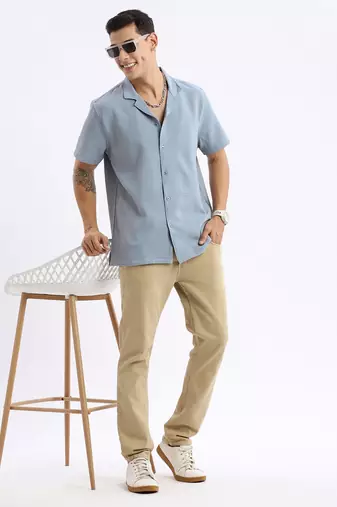 men's cuban collar solid relaxed fit blue shirt