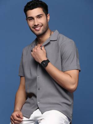 men's cuban collar solid relaxed fit grey shirt 1
