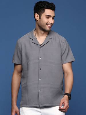 men's cuban collar solid relaxed fit grey shirt 2