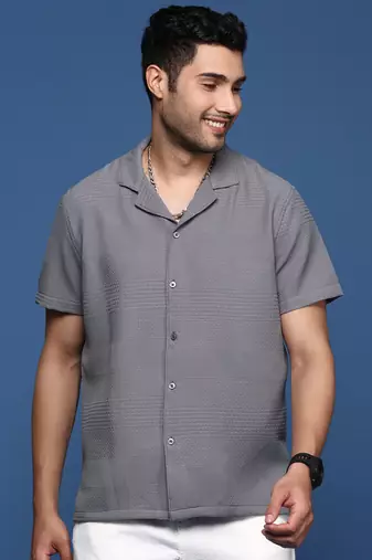 men's cuban collar solid relaxed fit grey shirt