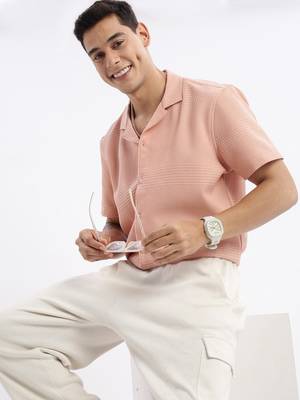 men's cuban collar solid relaxed fit peach shirt 1