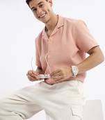 men's cuban collar solid relaxed fit peach shirt