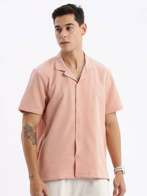 men's cuban collar solid relaxed fit peach shirt 2