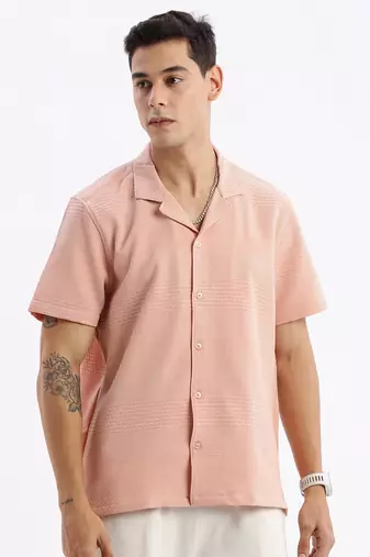 men's cuban collar solid relaxed fit peach shirt