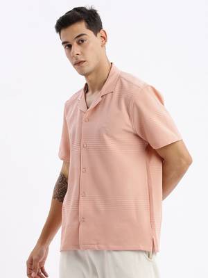 men's cuban collar solid relaxed fit peach shirt 3