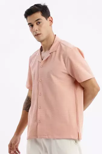 men's cuban collar solid relaxed fit peach shirt