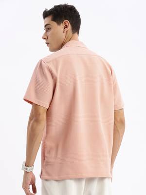 men's cuban collar solid relaxed fit peach shirt 4