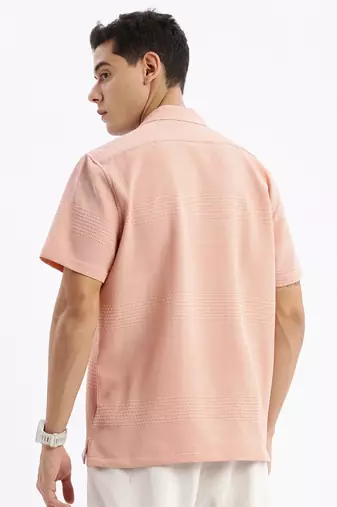 men's cuban collar solid relaxed fit peach shirt
