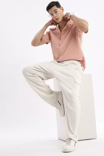 men's cuban collar solid relaxed fit peach shirt
