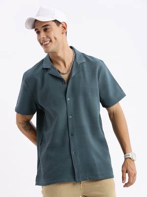 men's cuban collar solid relaxed fit teal shirt 1