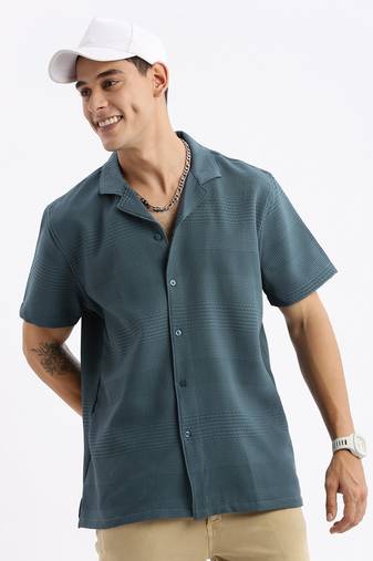 men's cuban collar solid relaxed fit teal shirt