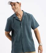 men's cuban collar solid relaxed fit teal shirt