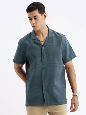 men's cuban collar solid relaxed fit teal shirt 2
