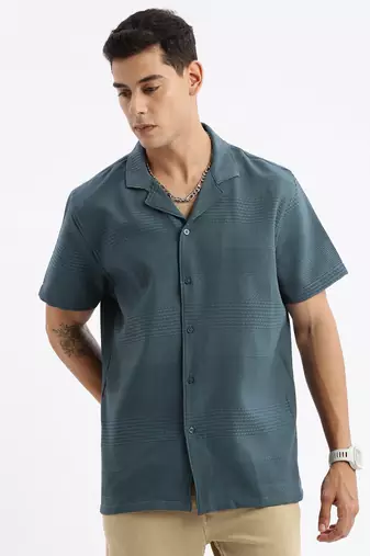 men's cuban collar solid relaxed fit teal shirt