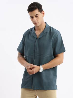 men's cuban collar solid relaxed fit teal shirt 3