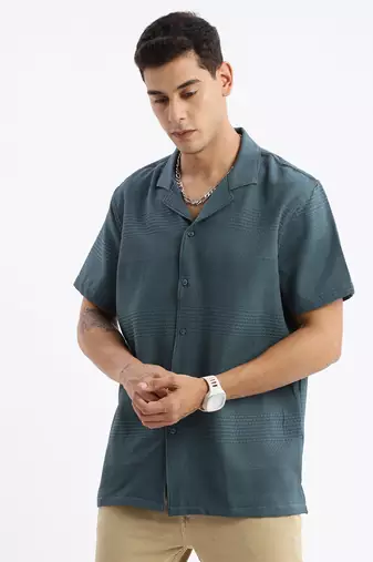 men's cuban collar solid relaxed fit teal shirt