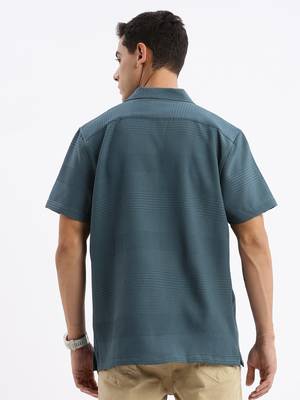 men's cuban collar solid relaxed fit teal shirt 4