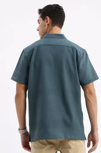men's cuban collar solid relaxed fit teal shirt
