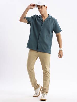 men's cuban collar solid relaxed fit teal shirt 5