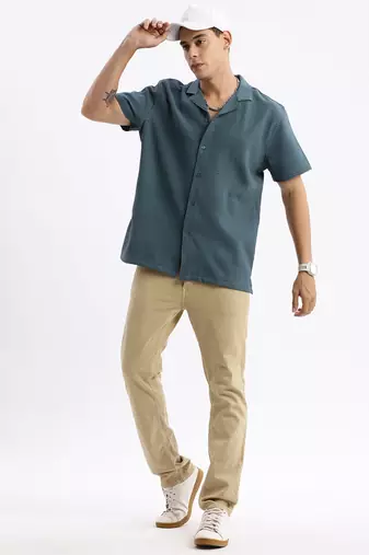 men's cuban collar solid relaxed fit teal shirt