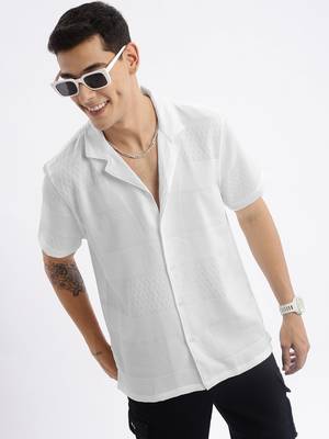 men's cuban collar solid relaxed fit white shirt 1