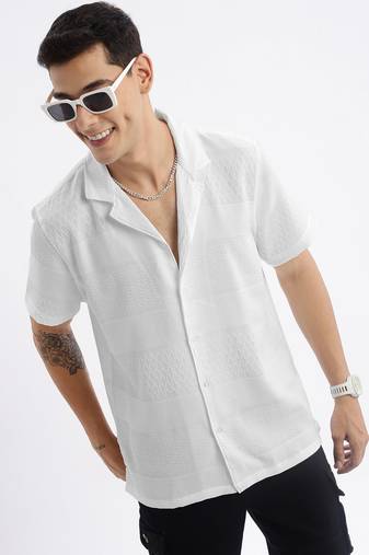 men's cuban collar solid relaxed fit white shirt