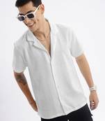 men's cuban collar solid relaxed fit white shirt