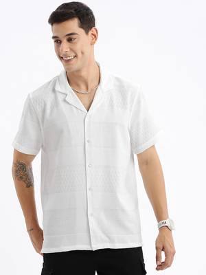 men's cuban collar solid relaxed fit white shirt 2