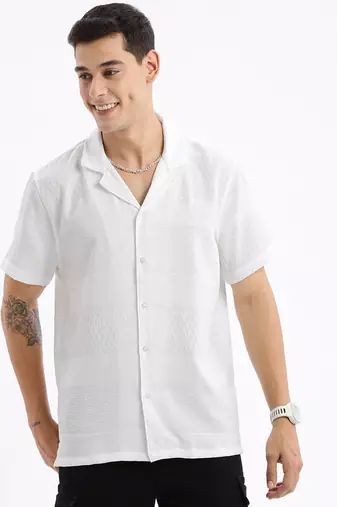 men's cuban collar solid relaxed fit white shirt