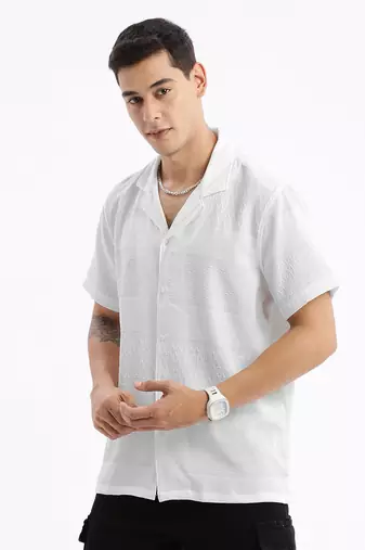 men's cuban collar solid relaxed fit white shirt
