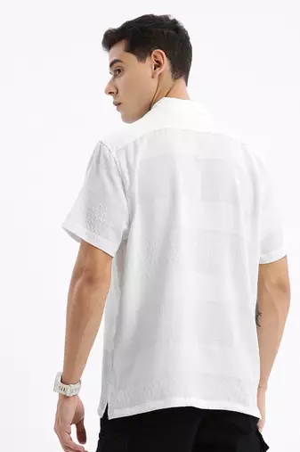 men's cuban collar solid relaxed fit white shirt
