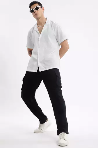 men's cuban collar solid relaxed fit white shirt