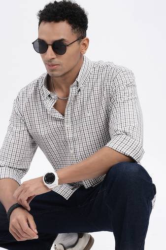 men's white checked slim fit shirt